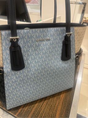 Michael Kors Logo Tote in Light Blue with Navy Trim